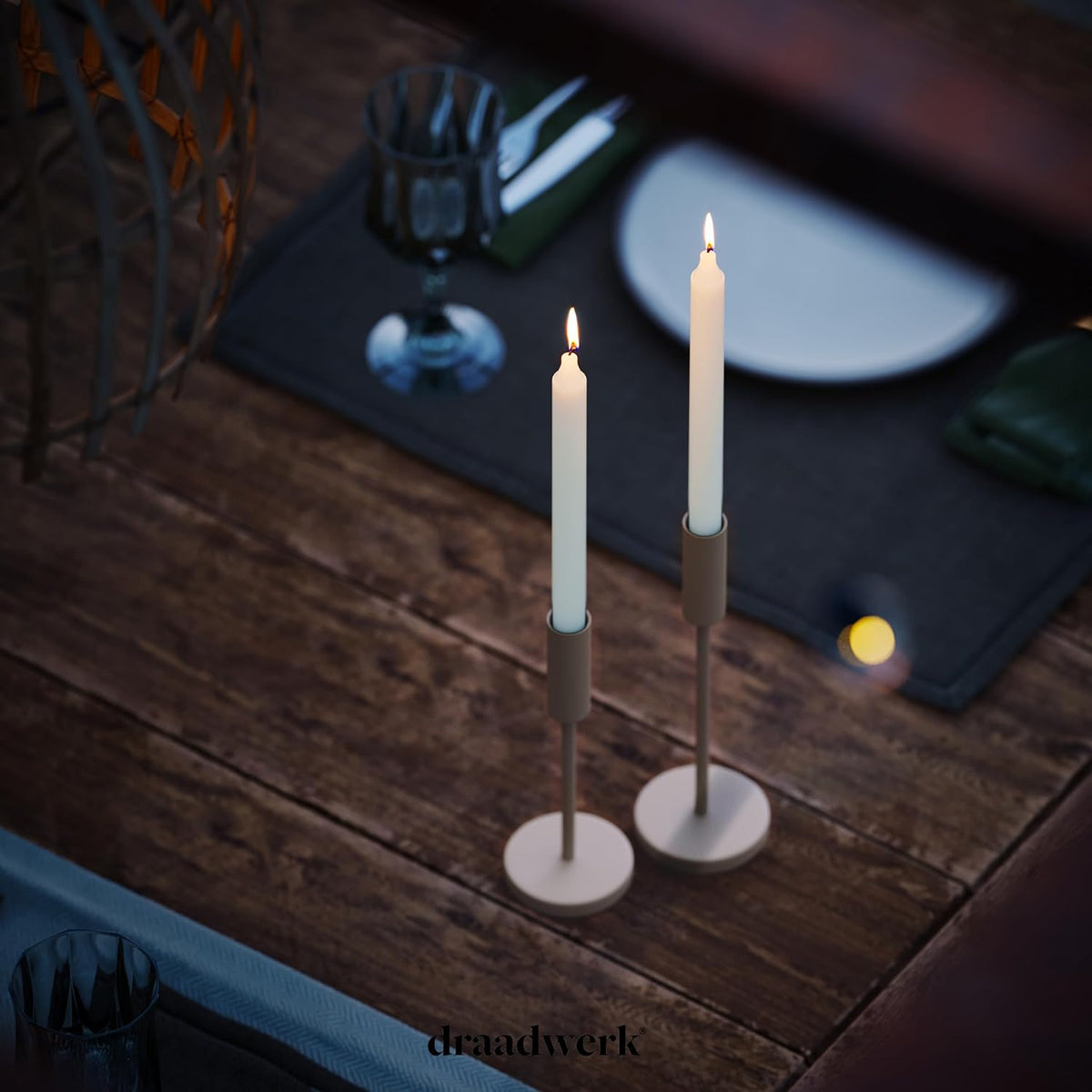 Kerzenhalter 2er Set | Für Stabkerzen und Spitzkerzen (Creme)